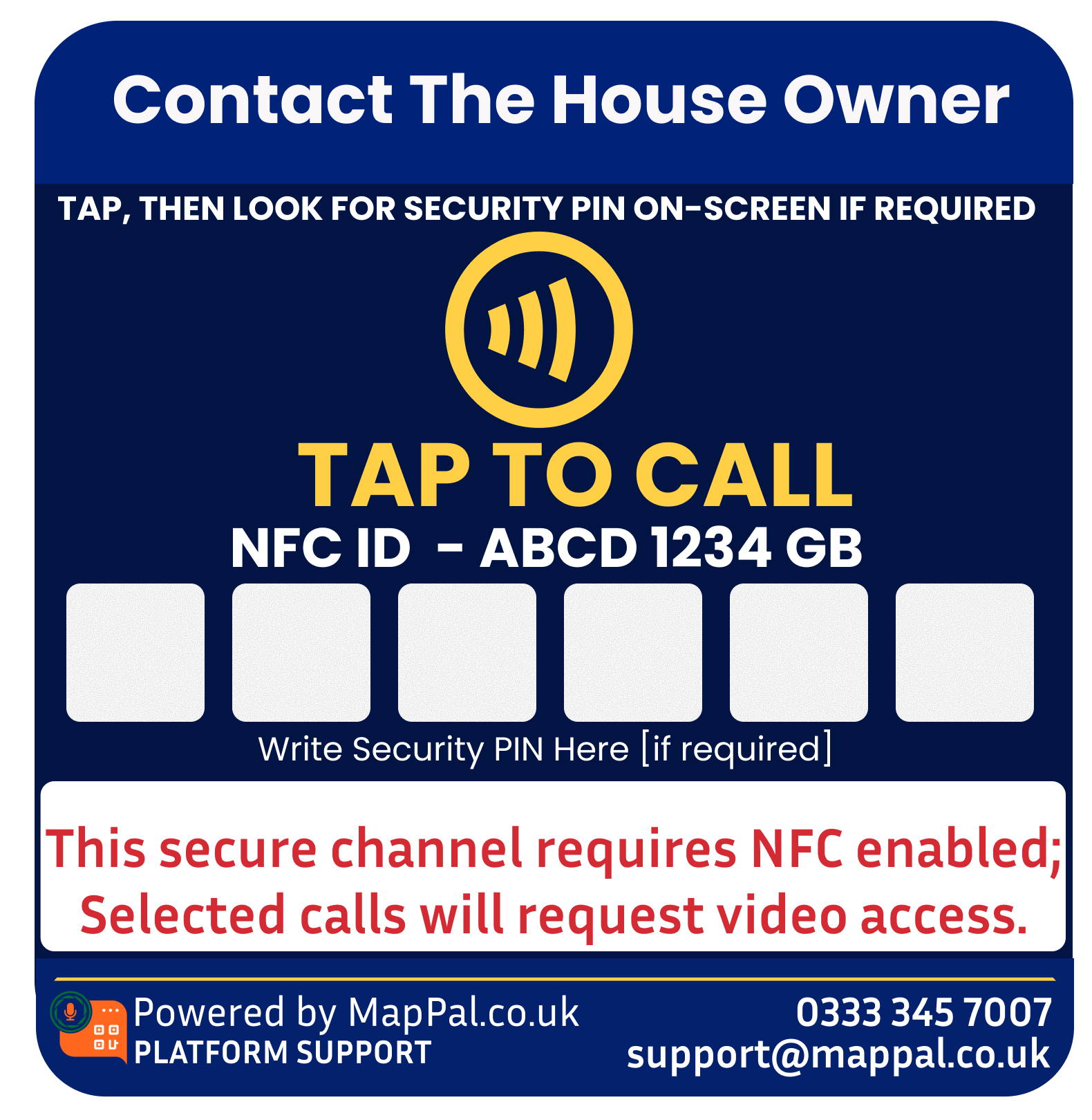 MapPal Home Sticker: Contact the house owner, tap to call, with space to write a security PIN